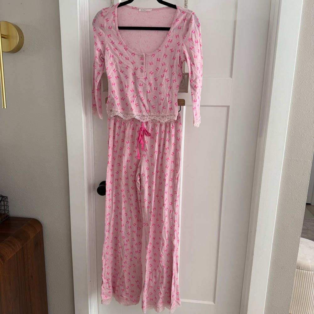 Free People Stolen Dance Pajama Set Pink Bow Print Lace Trim XS S Loungewear